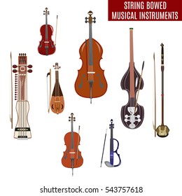 Vector set of string bowed musical instruments in flat design. Classical and electric violin, double bass, erhu, rebec, cello, sarangi isolated on white background.