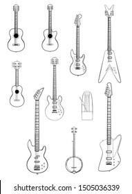 Vector set of string music instruments line. Electric guitars, acoustic guitars, classic guitar, bass guitar, banjo, metronome.