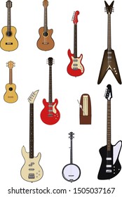 Vector set of string music instruments. Electric guitars, acoustic guitars, classic guitar, bass guitar, banjo, metronome.