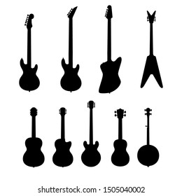 Vector set of string music instruments silhouettes. Electric guitars, acoustic guitars, classic guitar, bass guitar, banjo.