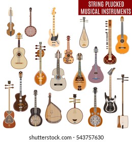 Vector set of string plucked musical instruments in flat design. Vector illustration of guitars, other instruments isolated on white background.