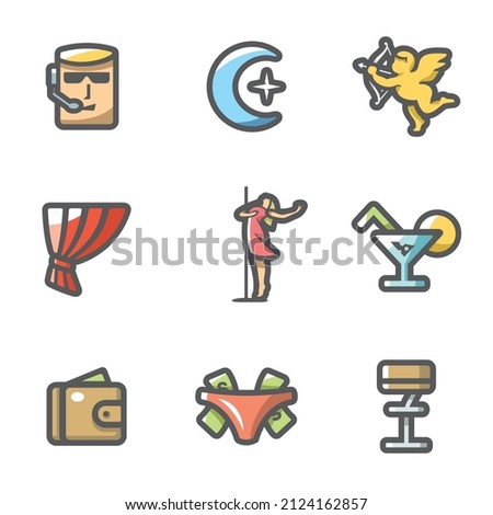 Vector Set of Strip Club Icons. Security, Night, Love, Stage, Striptease, Drink, Money, Gratuity, Bar.