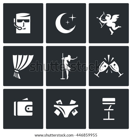 Vector Set of Strip Club Icons. Security, Night, Love, Stage, Striptease, Drink, Money, Gratuity, Bar. Guard, Crescent, Cupid, Curtain, Dance, Wineglass, Wallet, Panties Thong, Chair