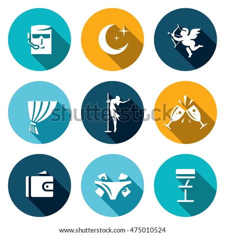 Vector Set of Strip Club Icons. Security, Night, Love, Stage, Striptease, Drink, Money, Gratuity, Bar.