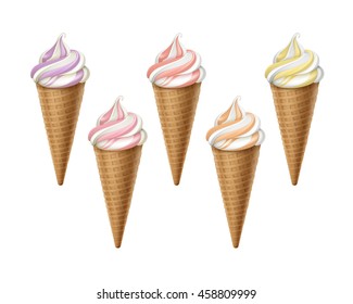 Vector set of Striped Colorful Light Orange Yellow Purple Soft Serve Ice Cream Waffle Cone in Pink White Carton Wrapper Close up Isolated on White Background