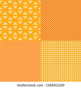 Vector Set of striped and grid cells seamless patterns. Orange with yellow colors. Abstract background templates.