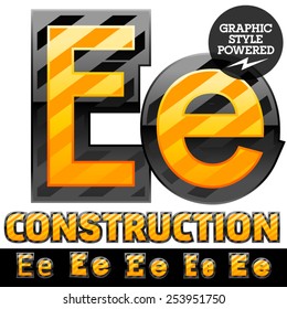 Conjunto vectorial de alfabeto rayado naranja y amarillo en borde negro. Advertencia de estilo de peligro. Letra E
