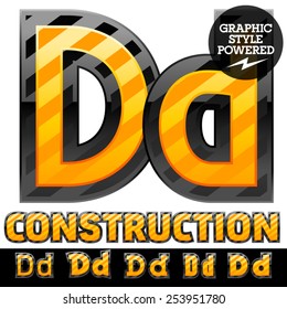 Vector set of striped orange and yellow alphabet in black border. Warning of danger style. Letter D