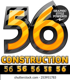 Vector set of striped orange and yellow alphabet in black border. Warning of danger style. Numbers 5 6
