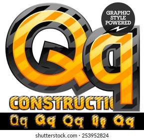 Vector set of striped orange and yellow alphabet in black border. Warning of danger style. Letter Q