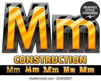 Vector set of striped orange and yellow alphabet in black border. Warning of danger style. Letter M