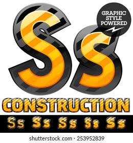 Vector set of striped orange and yellow alphabet in black border. Warning of danger style. Letter S