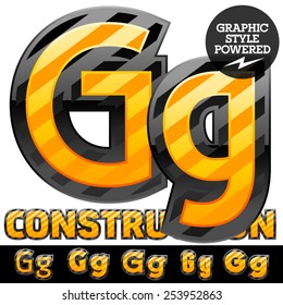 Vector set of striped orange and yellow alphabet in black border. Warning of danger style. Letter G