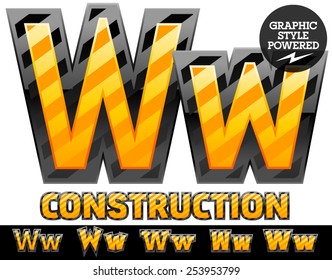 Vector set of striped orange and yellow alphabet in black border. Warning of danger style. Letter W