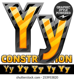 Vector set of striped orange and yellow alphabet in black border. Warning of danger style. Letter Y