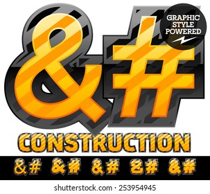 Vector set of striped orange and yellow alphabet in black border. Warning of danger style. Symbols 