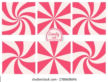 Vector set of striped, pink, sweet abstract candy backgrounds. Templates for design.