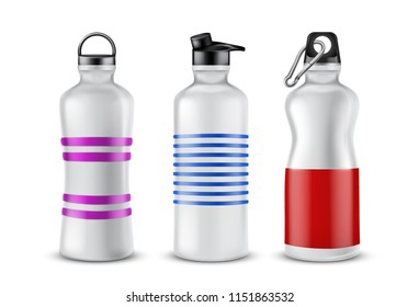 Vector set of striped plastic bottles with lids for drinks, isolated on background. Mockup with aluminum containers for energy cocktails, flask with fresh water for sport activities, jogging, yoga