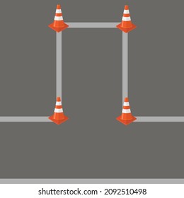 Vector conjunto de iconos de cono de tráfico rojo a rayas sobre fondo de camino gris.