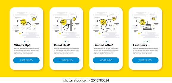 Vector set of Strong arm, Dont touch and Voting ballot line icons set. UI phone app screens with line icons. Work home icon. Muscle biceps, Lift buttons attention, Voting campaign. Vector