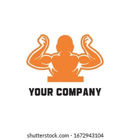 Vector set of strong arms with contracted biceps. Illustration of muscles in black and white style. Gym logo.