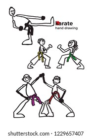 Vector set of strong people in cartoon style. Karate sport for children Art line doodle illustration. Collection figure of happy girl, boy Simple design isolated on white background Healthy education 
