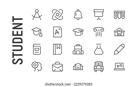 Vector set of student thin line icons. Design of 20 stroke pictograms. Signs of student isolated on a white background.