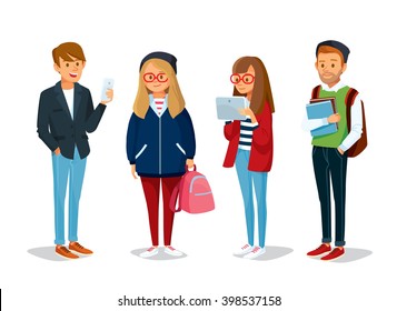 vector set of students with gadgets and books