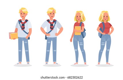 Vector set of students young man and young woman character design. 