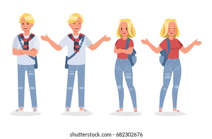 Vector set of students young man and young woman character design. 