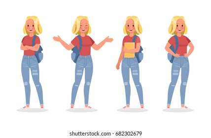 Conjunto vectorial de estudiantes diseño de personaje femenino joven. 
