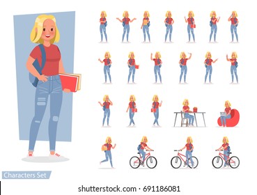 Vector set of students young woman character design.