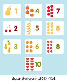 Vector set of studying cards for children. Kids learning flashcards with numbers. Stuff for maths lesson. Modern fruit illustration.