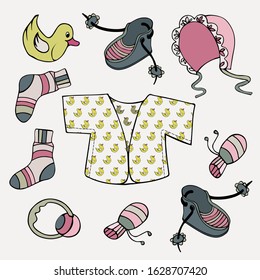 Vector set in the style of a cartoon by hand, contour drawings, hand-drawn, first baby things, vest, cap, rattle, duck, toys, first, different, markings, first shoes, web banner for a children's store