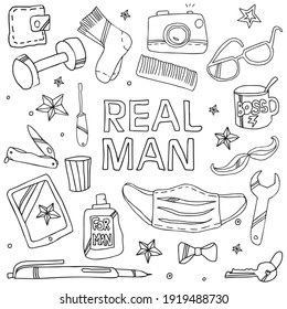 A vector set in the style of doodles for Father's Day or for congratulations on international men's Day. A set of men's items with the inscription real man.
