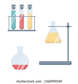 Vector set in the style of flat. Flasks and tubes for chemistry or biology class