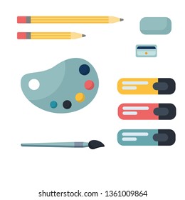 Vector set in the style of flat. Stationery: pencils, eraser, sharpener, markers, brush and palette with paints