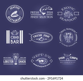 Vector set of style seafood labels. Marine design sign. Typography tag, logo, badge. Elements isolated. Symbol collection. Business template.