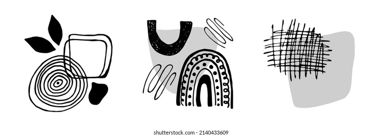 Vector set of stylish abstract collages in doodle, boho, hand draw style. Flat illustration for design and decoration