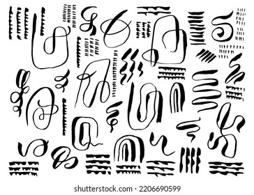 Vector set of stylish artistic hand drawn textures. Lines, circles, smears, waves, brush strokes, knots. Hand drawn wavy shaped elements for your graphic design