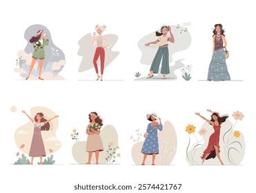 Vector set of stylish beautiful women. Collection of summer illustrations with a people.Cute cartoon girl with a flowers enjoy life. Inspiration and delight in female avatars.