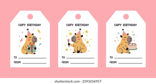 Vector set of stylish birthday gift tags featuring Capy Birthday text and charming capybara illustrations. A collection of festive labels ideal for designing birthday gifts.