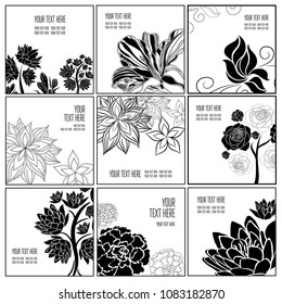 Vector set of stylish black floral background - design elements can be used for invitation, greeting cards. Floral frame