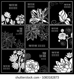 Vector set of stylish black floral background - design elements can be used for invitation, greeting cards. Floral frame