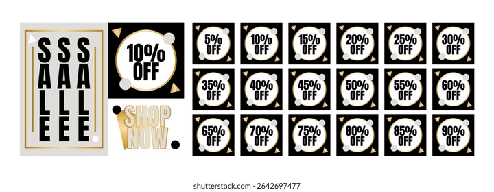 Conjunto vetorial de elegantes etiquetas de venda pretas, douradas e cinzentas e etiquetas de desconto que variam de 5% a 90% de desconto, com tipografia arrojada e acentos geométricos, para promoções e e-commerce.