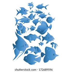 Vector Set Of Stylish Blue Silhouette Fishes Isolated On White Background