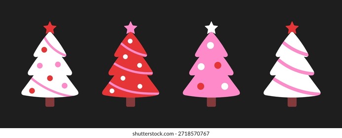 Conjunto vetorial de árvores de Natal elegantes em branco, vermelho e rosa com estrelas decorativas e ornamentos em fundo escuro. Coleção festiva moderna em estilo plano. Pinheiros de ano novo cliparts.