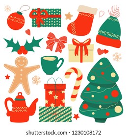 
Vector set of stylish cute christmas elements. Christmas decorated tree, gifts, hat, sock, cup, teapot, sweets and cookies.