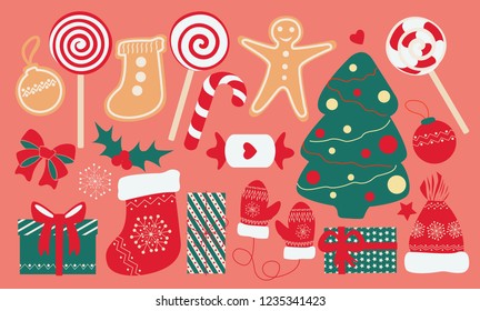 Vector set of stylish cute Christmas elements. Christmas decorated tree, gingerbread, sweets, bow, holly, boxes with gifts, Christmas sock, gloves and hat.