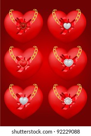 vector set of stylish decorative hearts with chains, ribbons and bows